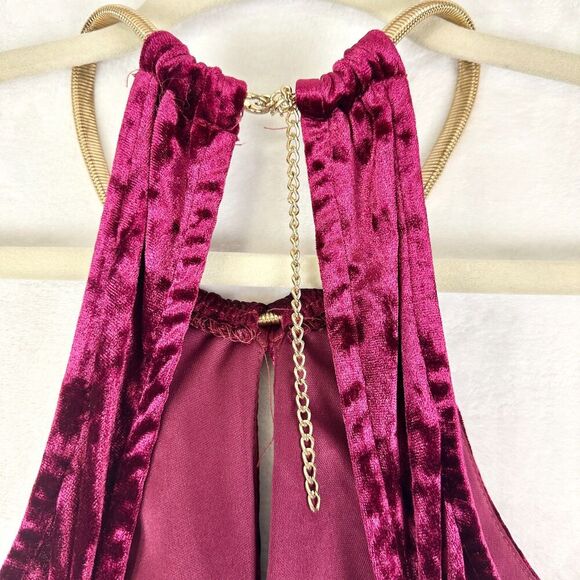 B Darlin Vingate Y2K Velvet Maxi Dress Size 1/2 Burgundy Open Back Thigh Slit - Picture 7 of 8